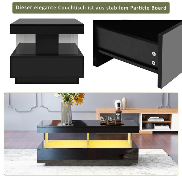 Stylish Coffee Table with 2 Drawers, Open Storage and LED Lights, Durable Center Table for Living Room, 100L x 60W x 49.5H cm, Black Aosom UK