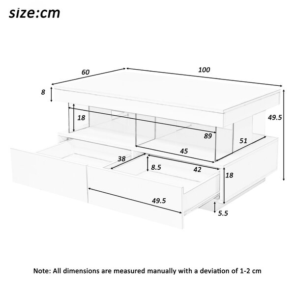 Stylish Coffee Table with 2 Drawers, Open Storage and LED Lights, Durable Center Table for Living Room, 100L x 60W x 49.5H cm, Black Aosom UK