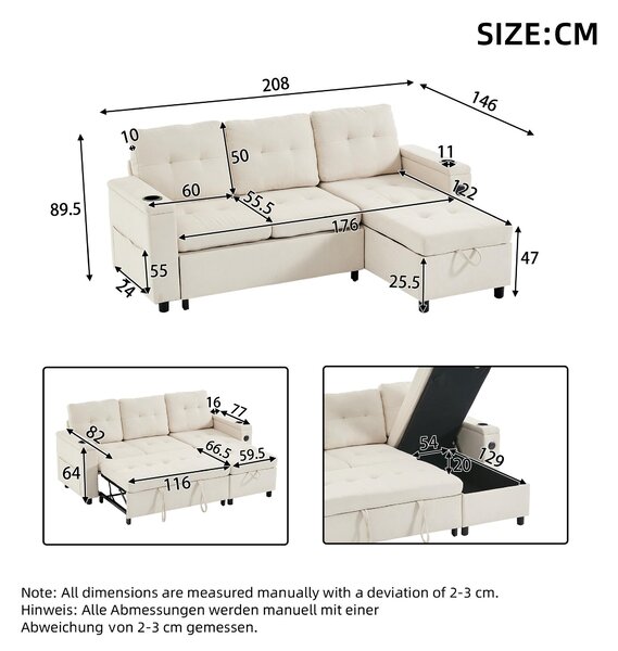 L-Shaped 3-Seater Sofa Bed with Hidden Storage, USB & USB-C Ports, Space-Saving Sofa for Compact Spaces, 208L x 146W x 89.5H cm, Beige Aosom UK