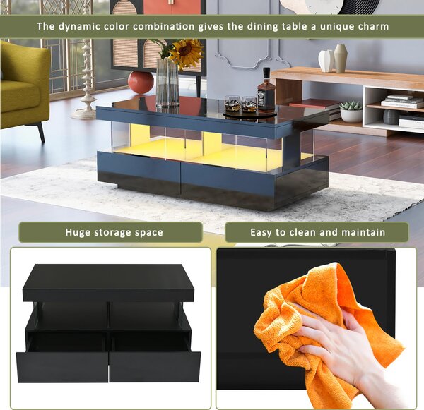Stylish Coffee Table with 2 Drawers, Open Storage and LED Lights, Durable Center Table for Living Room, 100L x 60W x 49.5H cm, Black Aosom UK