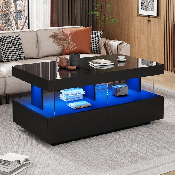 Stylish Coffee Table with 2 Drawers, Open Storage and LED Lights, Durable Center Table for Living Room, 100L x 60W x 49.5H cm, Black Aosom UK