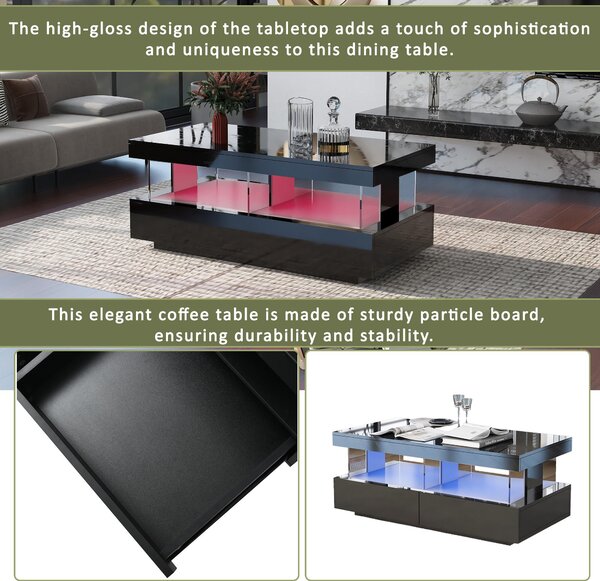 Stylish Coffee Table with 2 Drawers, Open Storage and LED Lights, Durable Center Table for Living Room, 100L x 60W x 49.5H cm, Black Aosom UK
