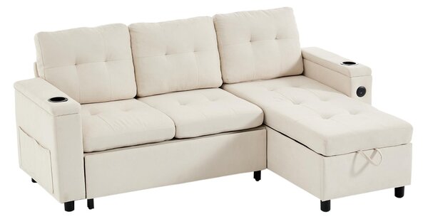L-Shaped 3-Seater Sofa Bed with Hidden Storage, USB & USB-C Ports, Space-Saving Sofa for Compact Spaces, 208L x 146W x 89.5H cm, Beige Aosom UK