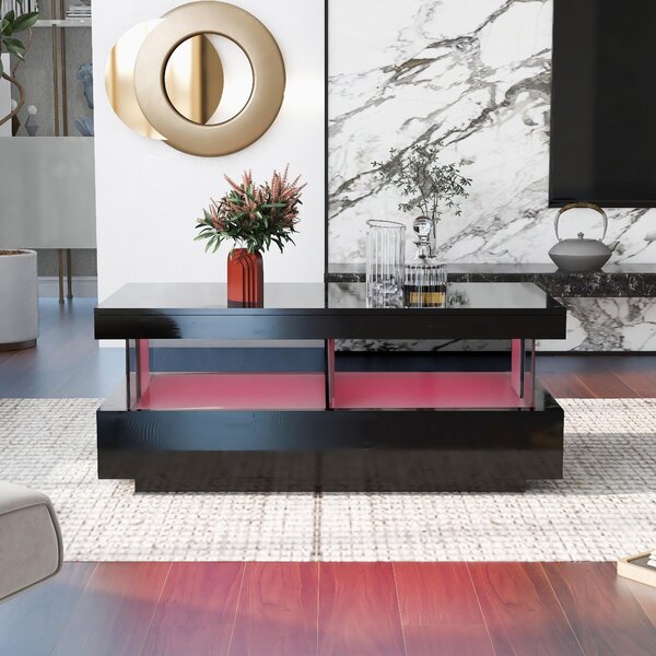 Stylish Coffee Table with 2 Drawers, Open Storage and LED Lights, Durable Center Table for Living Room, 100L x 60W x 49.5H cm, Black Aosom UK
