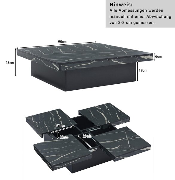 Modern Square Coffee Table with Sliding Top and 4 Built-In Drawers, Versatile Center Table for Living Spaces, 90L x 90W x 25H cm, Black Aosom UK