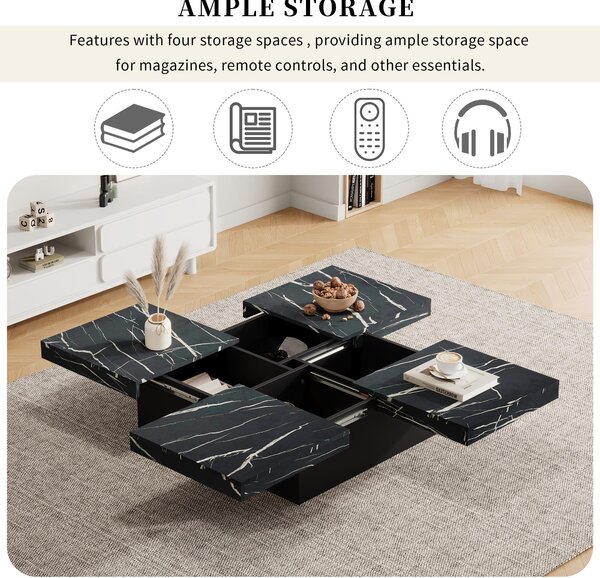 Modern Square Coffee Table with Sliding Top and 4 Built-In Drawers, Versatile Center Table for Living Spaces, 90L x 90W x 25H cm, Black Aosom UK