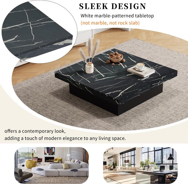 Modern Square Coffee Table with Sliding Top and 4 Built-In Drawers, Versatile Center Table for Living Spaces, 90L x 90W x 25H cm, Black Aosom UK
