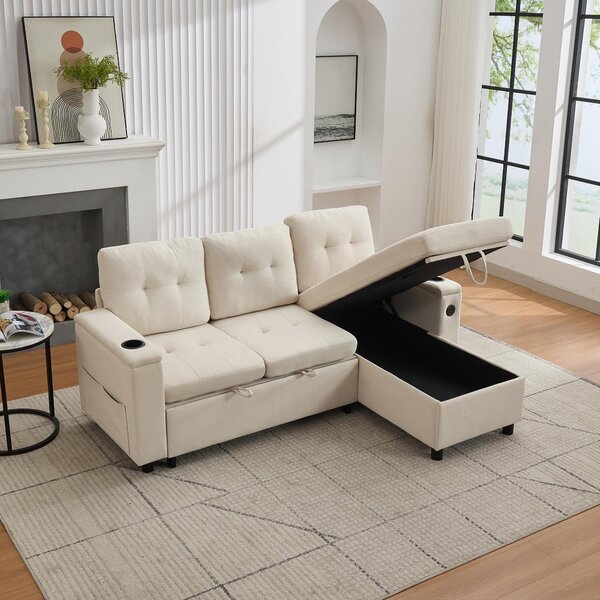 L-Shaped 3-Seater Sofa Bed with Hidden Storage, USB & USB-C Ports, Space-Saving Sofa for Compact Spaces, 208L x 146W x 89.5H cm, Beige Aosom UK