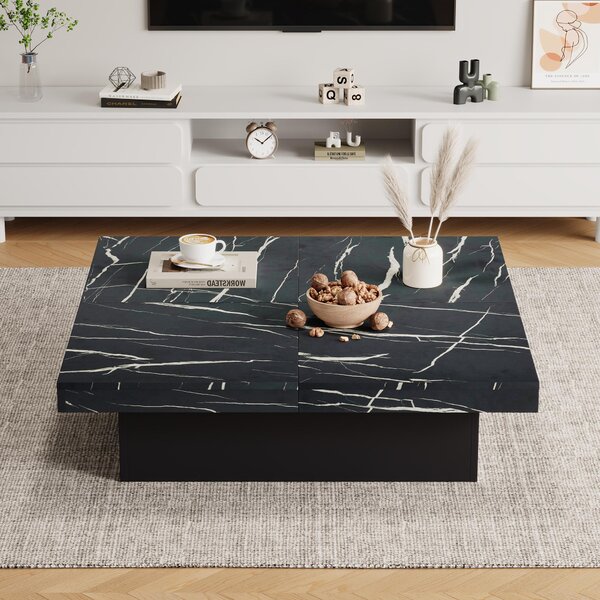 Modern Square Coffee Table with Sliding Top and 4 Built-In Drawers, Versatile Center Table for Living Spaces, 90L x 90W x 25H cm, Black Aosom UK