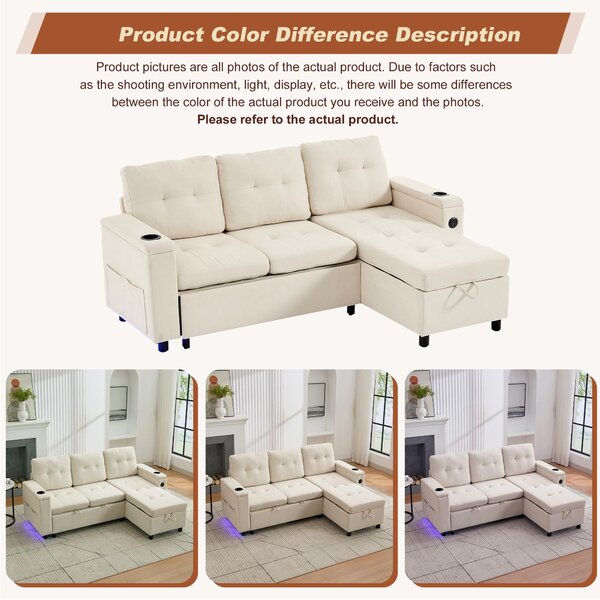 L-Shaped 3-Seater Sofa Bed with Hidden Storage, USB & USB-C Ports, Space-Saving Sofa for Compact Spaces, 208L x 146W x 89.5H cm, Beige Aosom UK