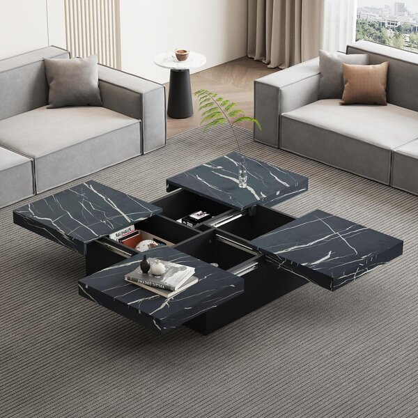 Modern Square Coffee Table with Sliding Top and 4 Built-In Drawers, Versatile Center Table for Living Spaces, 90L x 90W x 25H cm, Black Aosom UK
