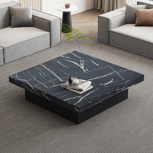 Modern Square Coffee Table with Sliding Top and 4 Built-In Drawers, Versatile Center Table for Living Spaces, 90L x 90W x 25H cm, Black Aosom UK