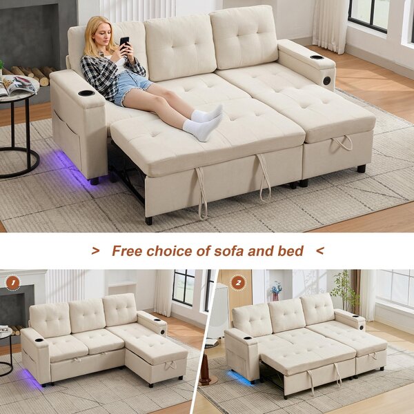 L-Shaped 3-Seater Sofa Bed with Hidden Storage, USB & USB-C Ports, Space-Saving Sofa for Compact Spaces, 208L x 146W x 89.5H cm, Beige Aosom UK