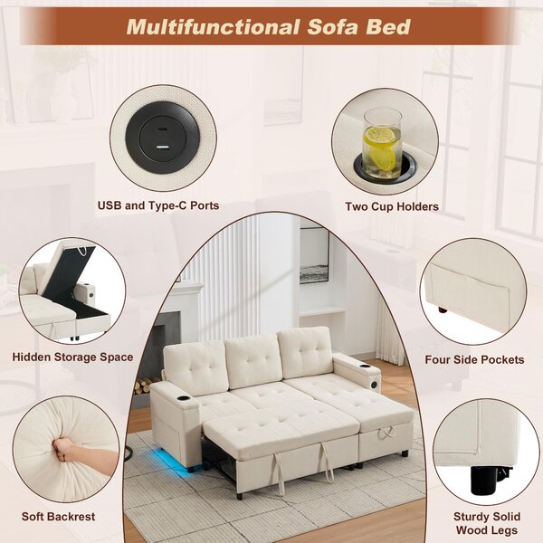 L-Shaped 3-Seater Sofa Bed with Hidden Storage, USB & USB-C Ports, Space-Saving Sofa for Compact Spaces, 208L x 146W x 89.5H cm, Beige Aosom UK