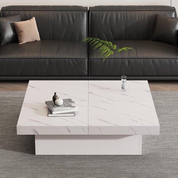 Modern Square Coffee Table with 4 Drawers and Sliding Surface, Space-Saving Center Table for Living Rooms, 90L x 90W x 25H cm, White Aosom UK