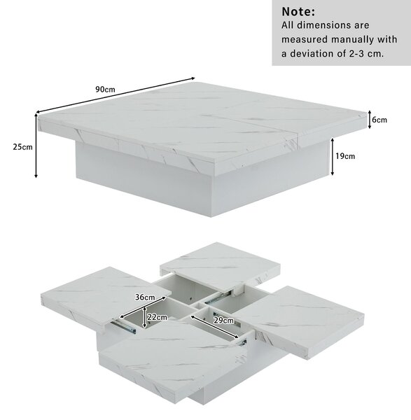Modern Square Coffee Table with 4 Drawers and Sliding Surface, Space-Saving Center Table for Living Rooms, 90L x 90W x 25H cm, White Aosom UK