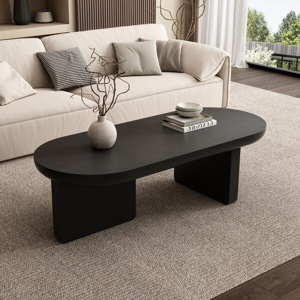 Oval Centre Coffee Table with Double Square Legs and Felt Feet, Minimalist Table for Compact Living Rooms, 119.5L x 50W x 35.5H cm, Black Aosom UK