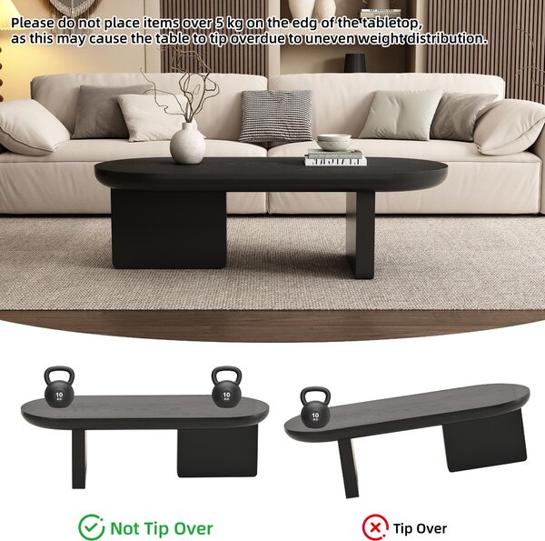 Oval Centre Coffee Table with Double Square Legs and Felt Feet, Minimalist Table for Compact Living Rooms, 119.5L x 50W x 35.5H cm, Black Aosom UK