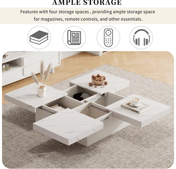 Modern Square Coffee Table with 4 Drawers and Sliding Surface, Space-Saving Center Table for Living Rooms, 90L x 90W x 25H cm, White Aosom UK