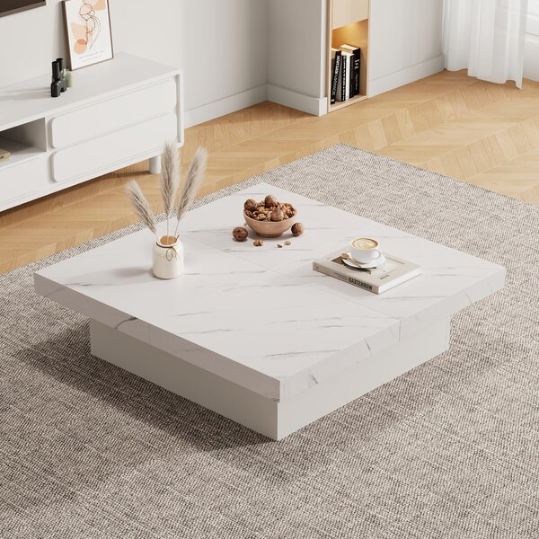 Modern Square Coffee Table with 4 Drawers and Sliding Surface, Space-Saving Center Table for Living Rooms, 90L x 90W x 25H cm, White Aosom UK