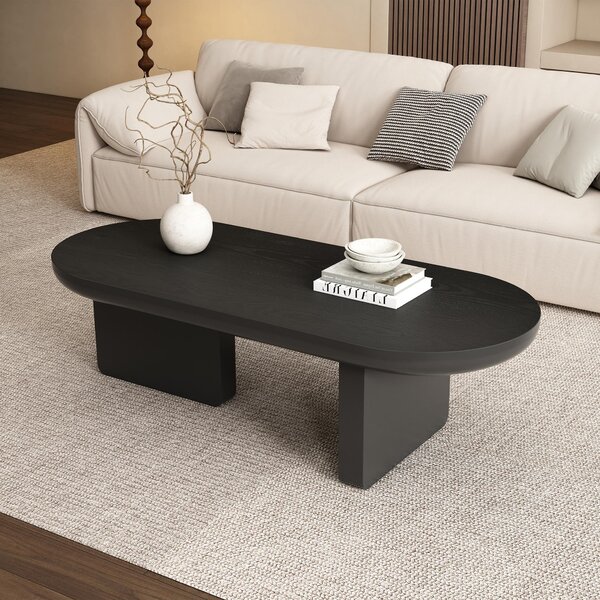 Oval Centre Coffee Table with Double Square Legs and Felt Feet, Minimalist Table for Compact Living Rooms, 119.5L x 50W x 35.5H cm, Black Aosom UK
