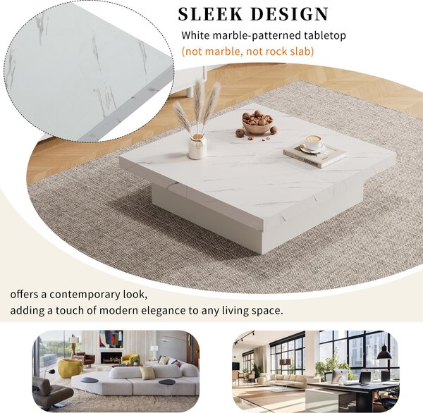 Modern Square Coffee Table with 4 Drawers and Sliding Surface, Space-Saving Center Table for Living Rooms, 90L x 90W x 25H cm, White Aosom UK