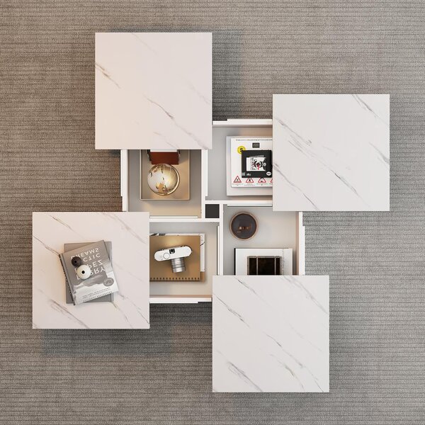Modern Square Coffee Table with 4 Drawers and Sliding Surface, Space-Saving Center Table for Living Rooms, 90L x 90W x 25H cm, White Aosom UK