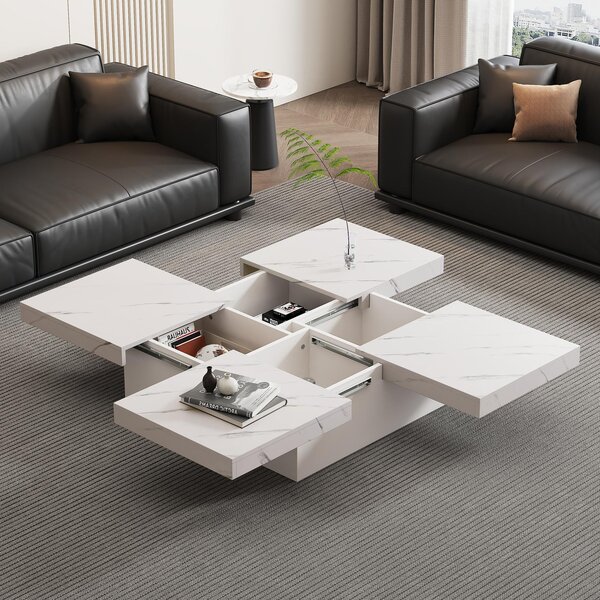 Modern Square Coffee Table with 4 Drawers and Sliding Surface, Space-Saving Center Table for Living Rooms, 90L x 90W x 25H cm, White Aosom UK