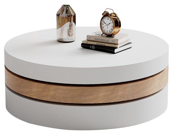 Round Coffee Table with Rotating Hidden Storage Sections, Space-Saving Table for Modern Living Spaces, 60L x 60W x 35H cm, White+Wood Aosom UK
