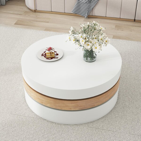 Round Coffee Table with Rotating Hidden Storage Sections, Space-Saving Table for Modern Living Spaces, 60L x 60W x 35H cm, White+Wood Aosom UK