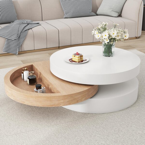 Round Coffee Table with Rotating Hidden Storage Sections, Space-Saving Table for Modern Living Spaces, 60L x 60W x 35H cm, White+Wood Aosom UK