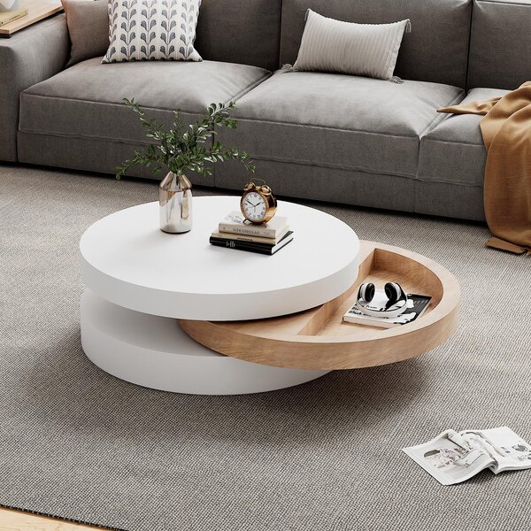 Round Coffee Table with Rotating Hidden Storage Sections, Space-Saving Table for Modern Living Spaces, 60L x 60W x 35H cm, White+Wood Aosom UK