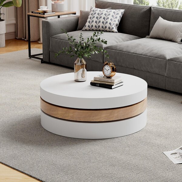 Round Coffee Table with Rotating Hidden Storage Sections, Space-Saving Table for Modern Living Spaces, 60L x 60W x 35H cm, White+Wood Aosom UK