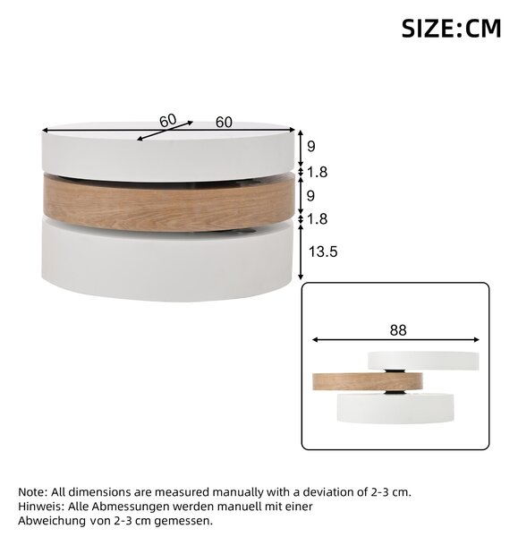 Round Coffee Table with Rotating Hidden Storage Sections, Space-Saving Table for Modern Living Spaces, 60L x 60W x 35H cm, White+Wood Aosom UK