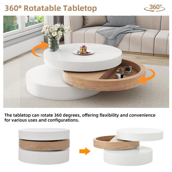 Round Coffee Table with Rotating Hidden Storage Sections, Space-Saving Table for Modern Living Spaces, 60L x 60W x 35H cm, White+Wood Aosom UK