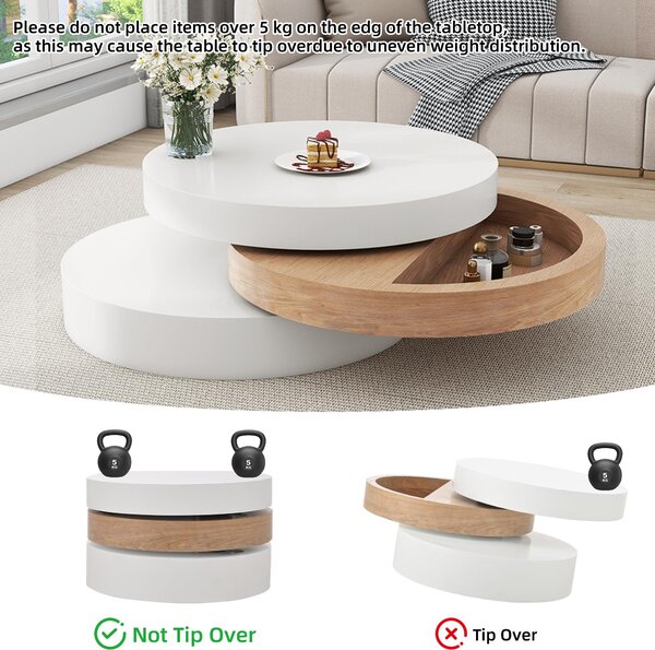 Round Coffee Table with Rotating Hidden Storage Sections, Space-Saving Table for Modern Living Spaces, 60L x 60W x 35H cm, White+Wood Aosom UK