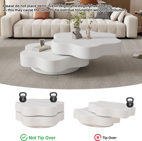 Flower-Shaped Coffee Table with 2 Shelves and Double-Tier Design, 360° Rotating Tabletop for Living Room, 75L x 67.5W x 31H cm, White Aosom UK
