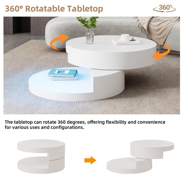 Round Rotating Coffee Table with Remote-Controlled LED Strip, Space-Saving Tabletop with Double-Layer Storage, 70L x 70W x 35.5H cm, White Aosom UK
