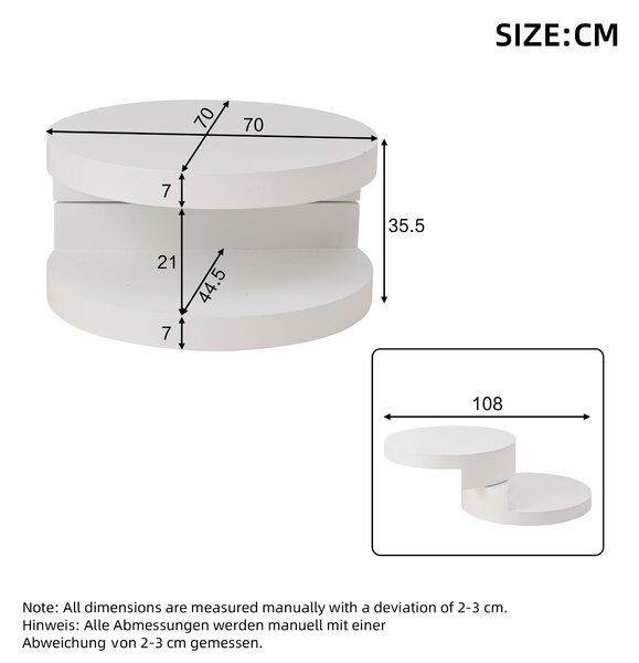 Round Rotating Coffee Table with Remote-Controlled LED Strip, Space-Saving Tabletop with Double-Layer Storage, 70L x 70W x 35.5H cm, White Aosom UK