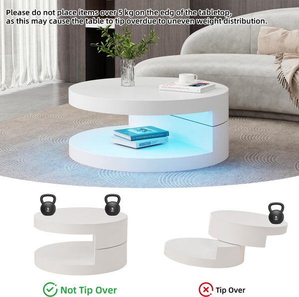 Round Rotating Coffee Table with Remote-Controlled LED Strip, Space-Saving Tabletop with Double-Layer Storage, 70L x 70W x 35.5H cm, White Aosom UK