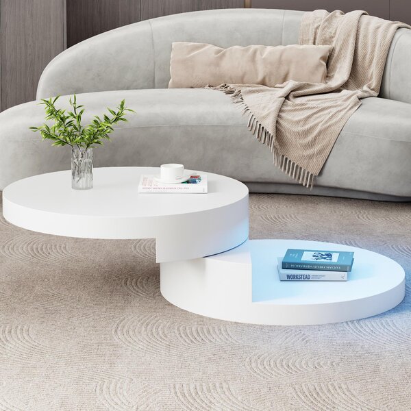 Round Rotating Coffee Table with Remote-Controlled LED Strip, Space-Saving Tabletop with Double-Layer Storage, 70L x 70W x 35.5H cm, White Aosom UK