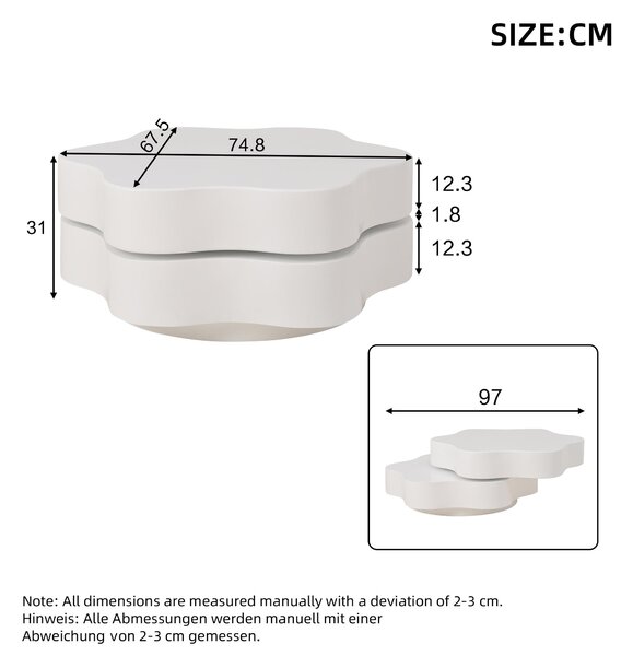 Flower-Shaped Coffee Table with 2 Shelves and Double-Tier Design, 360° Rotating Tabletop for Living Room, 75L x 67.5W x 31H cm, White Aosom UK