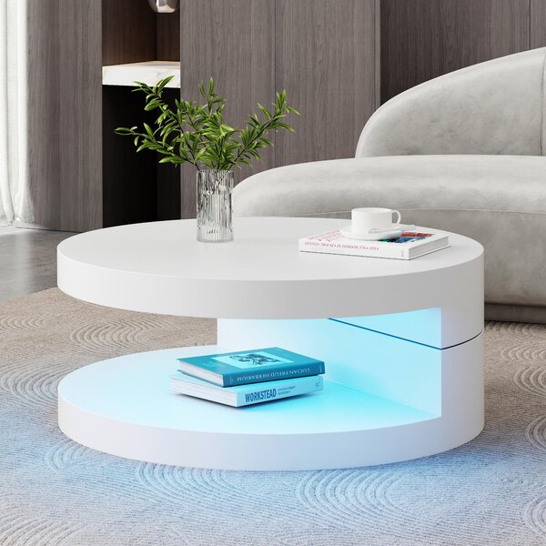 Round Rotating Coffee Table with Remote-Controlled LED Strip, Space-Saving Tabletop with Double-Layer Storage, 70L x 70W x 35.5H cm, White Aosom UK