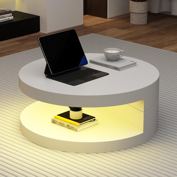 Round Rotating Coffee Table with Remote-Controlled LED Strip, Space-Saving Tabletop with Double-Layer Storage, 70L x 70W x 35.5H cm, White Aosom UK