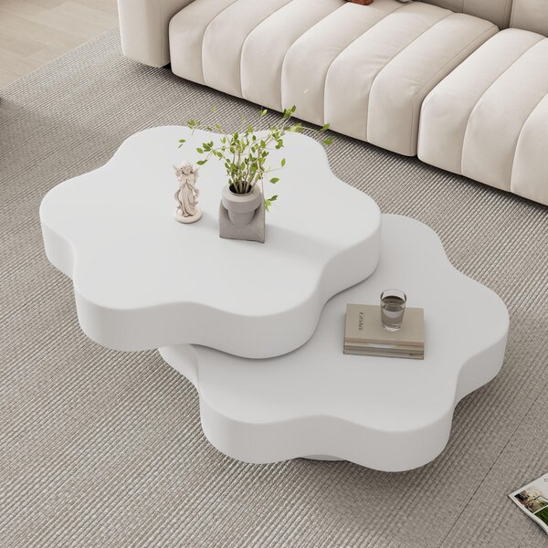 Flower-Shaped Coffee Table with 2 Shelves and Double-Tier Design, 360° Rotating Tabletop for Living Room, 75L x 67.5W x 31H cm, White Aosom UK