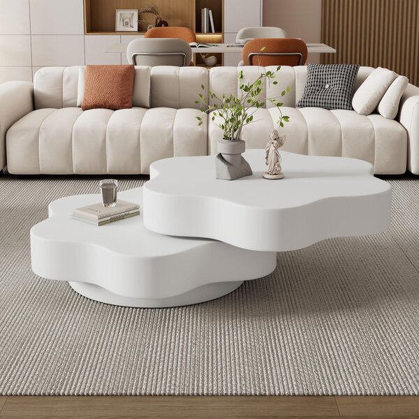 Flower-Shaped Coffee Table with 2 Shelves and Double-Tier Design, 360° Rotating Tabletop for Living Room, 75L x 67.5W x 31H cm, White Aosom UK