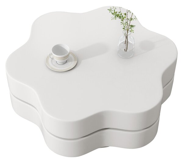 Flower-Shaped Coffee Table with 2 Shelves and Double-Tier Design, 360° Rotating Tabletop for Living Room, 75L x 67.5W x 31H cm, White Aosom UK
