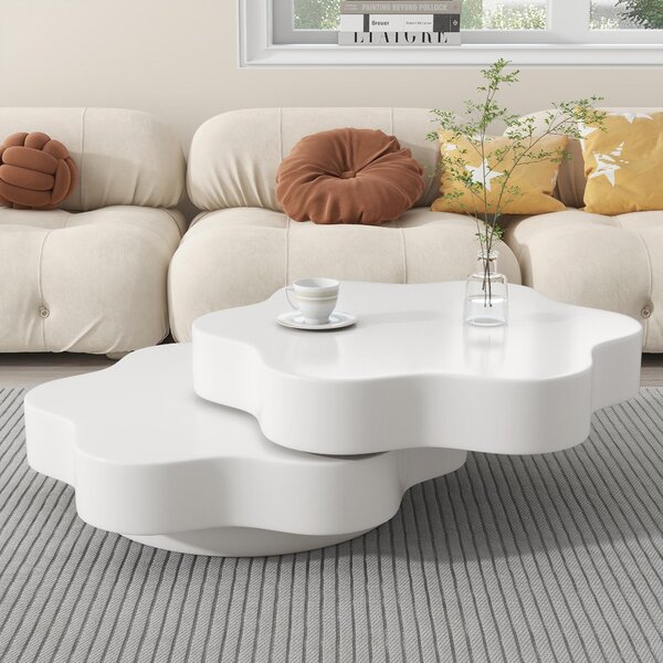 Flower-Shaped Coffee Table with 2 Shelves and Double-Tier Design, 360° Rotating Tabletop for Living Room, 75L x 67.5W x 31H cm, White Aosom UK