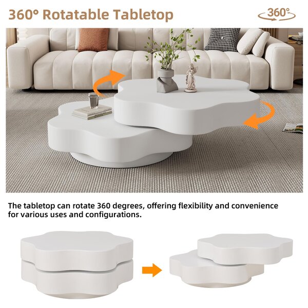 Flower-Shaped Coffee Table with 2 Shelves and Double-Tier Design, 360° Rotating Tabletop for Living Room, 75L x 67.5W x 31H cm, White Aosom UK