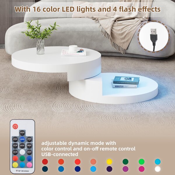 Round Rotating Coffee Table with Remote-Controlled LED Strip, Space-Saving Tabletop with Double-Layer Storage, 70L x 70W x 35.5H cm, White Aosom UK